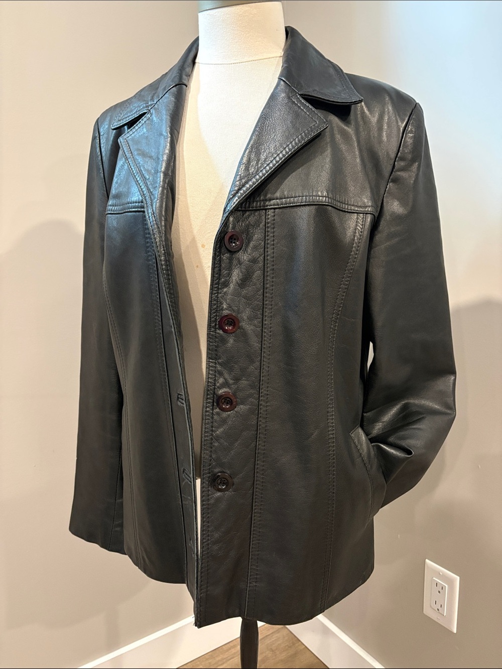 Vintage Black Leather Button-Front Jacket